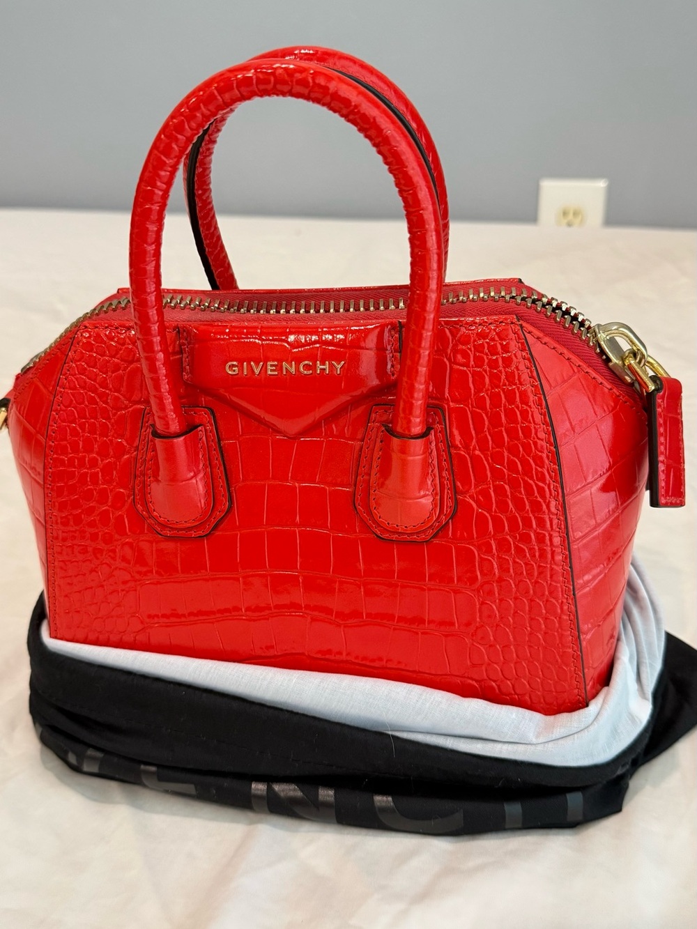 Givenchy Red Orange Croc-Embossed Antigona Mini Satchel